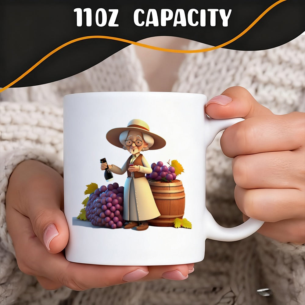Tailorly White Ceramic 11 oz Mug - an elderly woman with grapes and wine