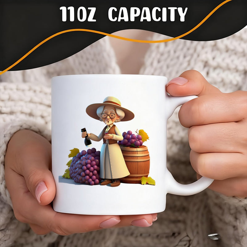 Tailorly White Ceramic 11 oz Mug - an elderly woman with grapes and wine