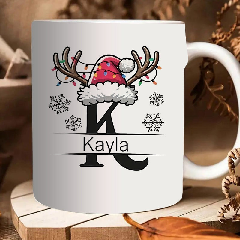 Tailorly White Ceramic 11 oz Mug - christmas reindeer with a santa hat