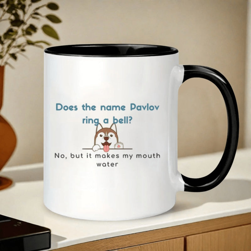 Tailorly Black Accent 11 oz Mug - funny corgi pavlovs dog salivation text and illustration