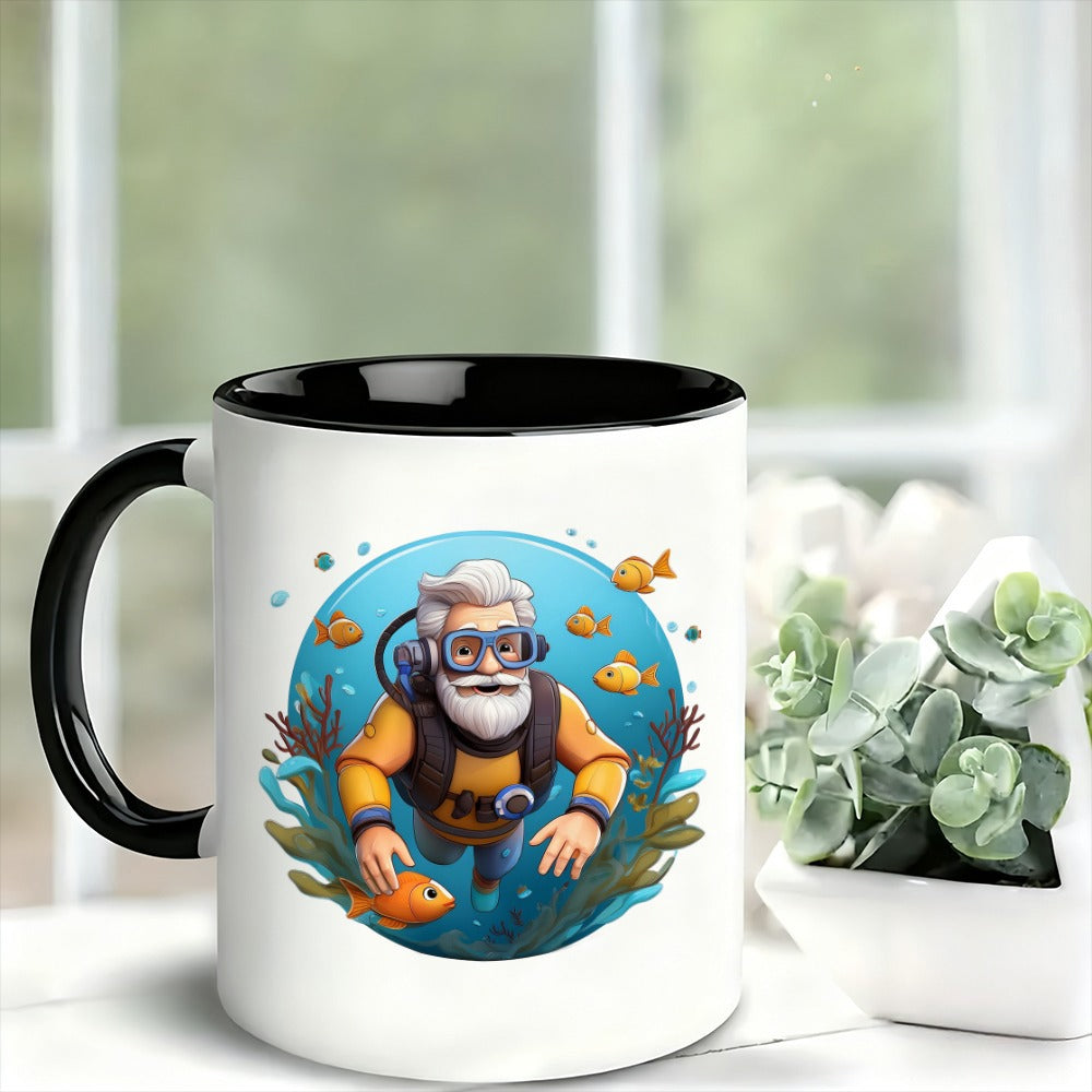 Tailorly Black Accent 11 oz Mug - underwater explorer grandpa with fish and coral