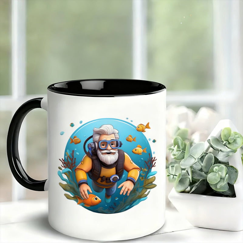 Tailorly Black Accent 11 oz Mug - underwater explorer grandpa with fish and coral