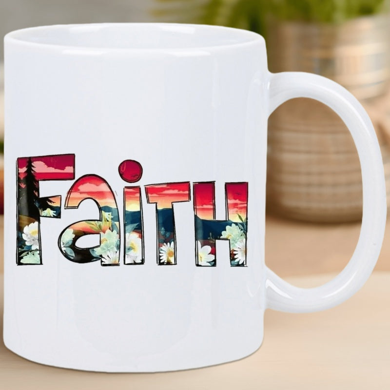 Tailorly White Ceramic 11 oz Mug - faith message and floral sunset