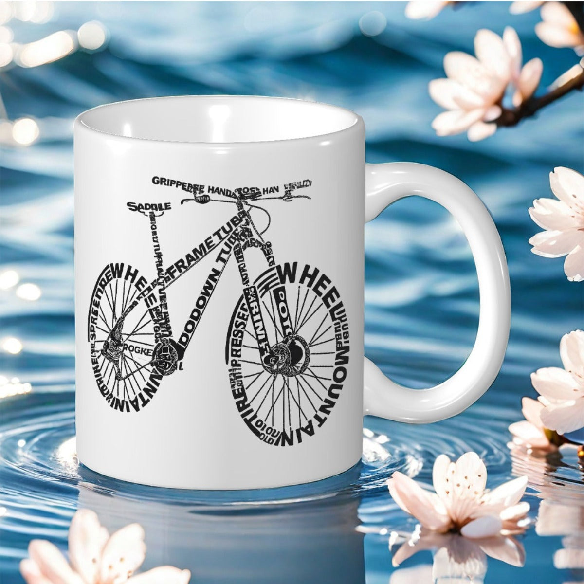 Tailorly White Ceramic 11 oz Mug - black and white bicycle design with sample text