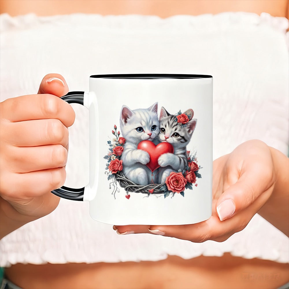 Tailorly Black Accent 11 oz Mug - two adorable kittens clutching a red heart