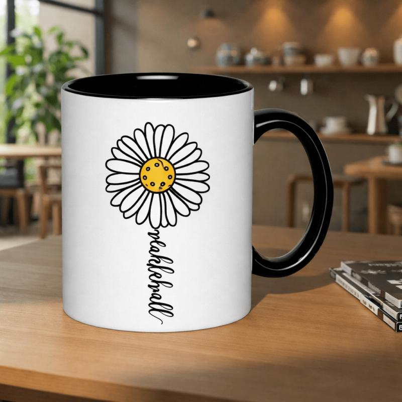 Tailorly Black Accent 11 oz Mug - daisy pickleball player flower retro 11oz printed ceramic mug coffee cups coffee mug dishwasher safe microwave
