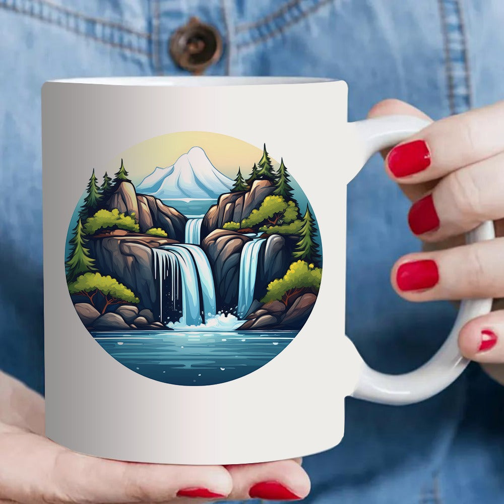 Tailorly White Ceramic 11 oz Mug - mountain waterfall scene