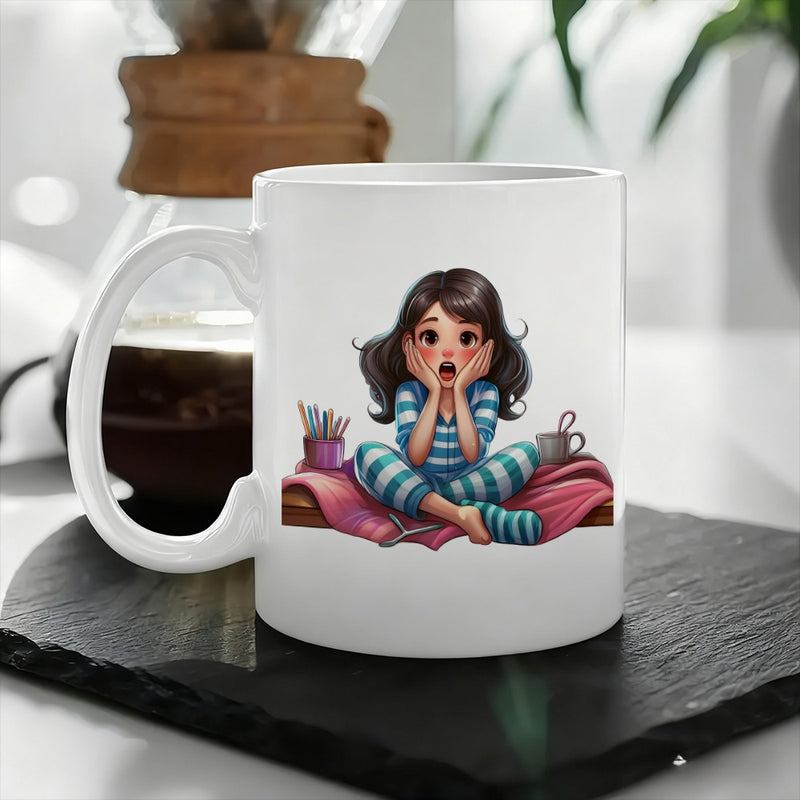 Tailorly White Ceramic 11 oz Mug - girl making tea