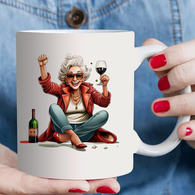 Tailorly White Ceramic 11 oz Mug - elegant woman with red wine and fashion glasses