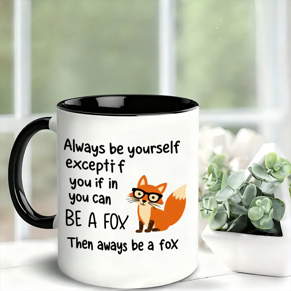 Tailorly Black Accent 11 oz Mug - a single cute fox themed coffee mug featuring an uplifting quote