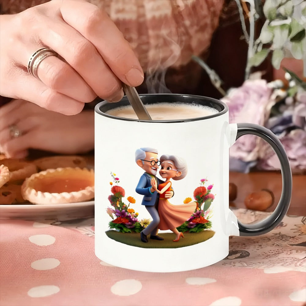 Tailorly Black Accent 11 oz Mug - an elegant couple dancing in a garden