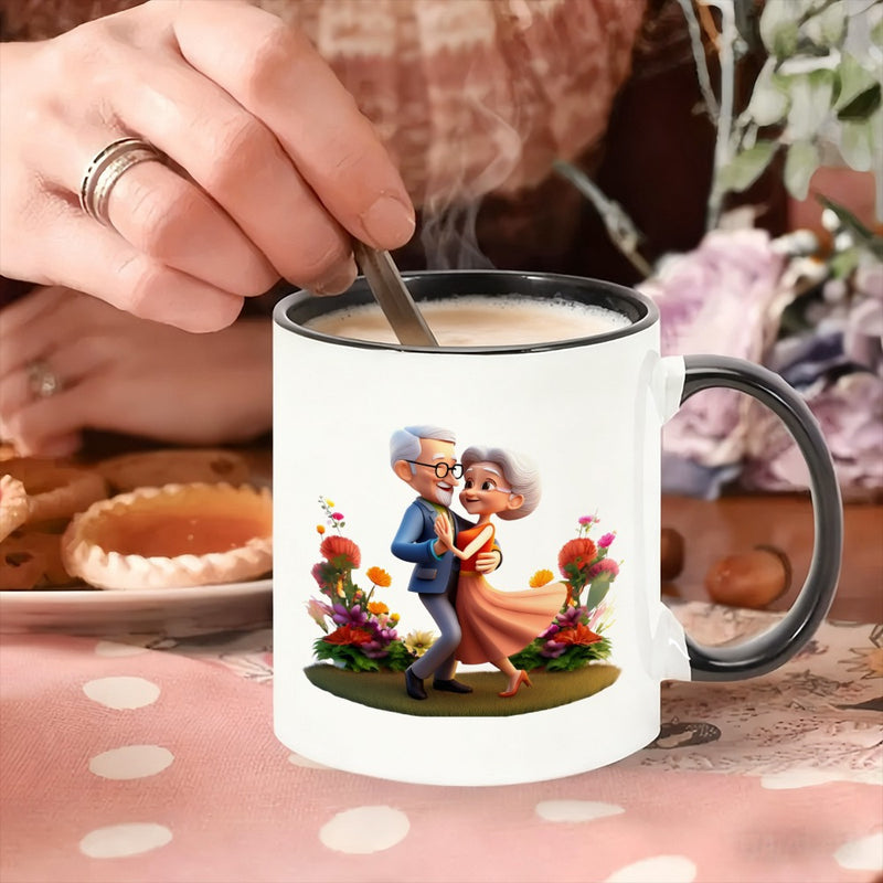Tailorly Black Accent 11 oz Mug - an elegant couple dancing in a garden