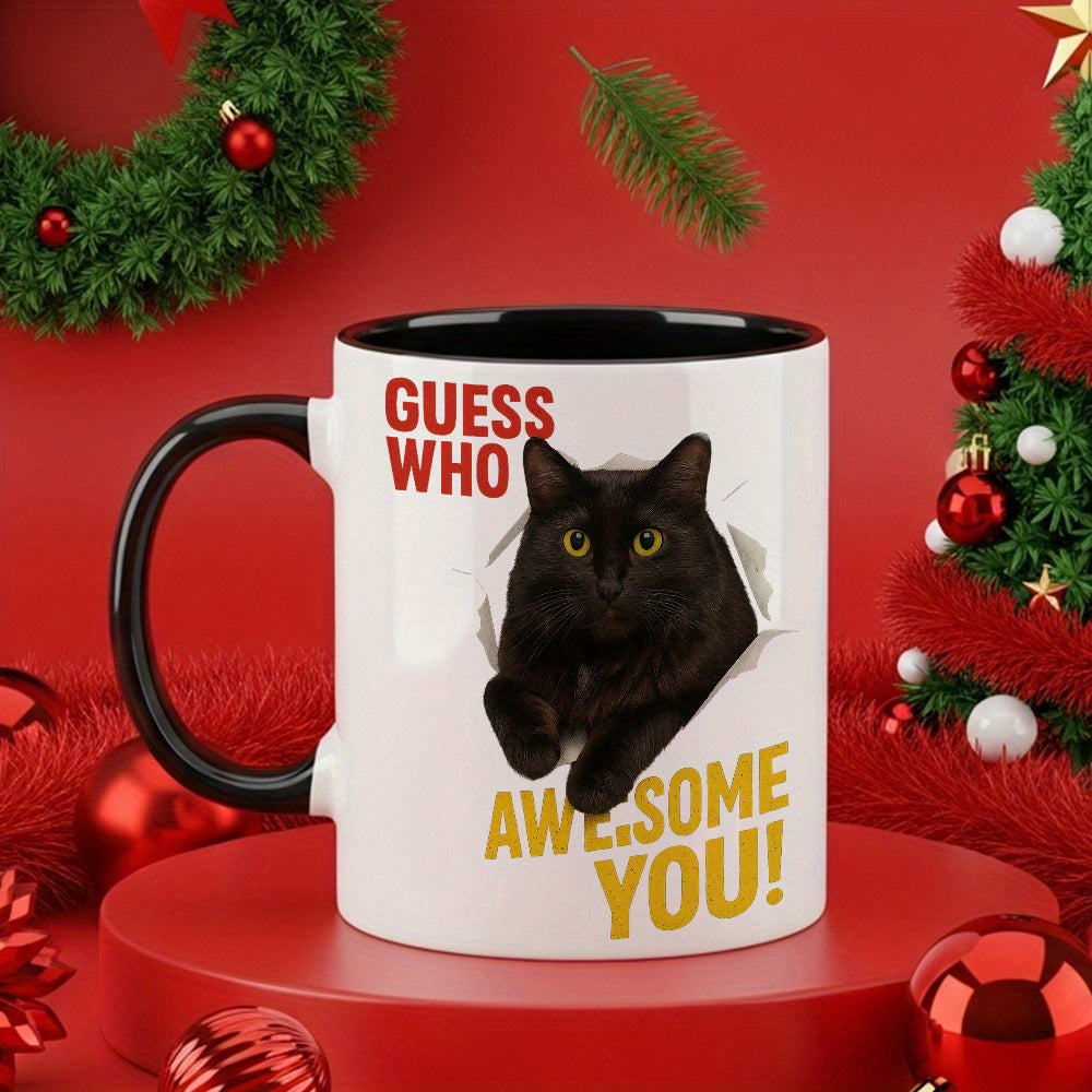 Tailorly Black Accent 11 oz Mug - black cat with torn detail and text "awesomely you coffee enthusia"