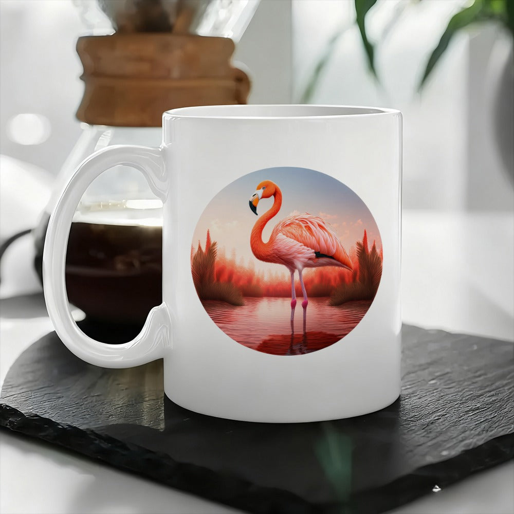 Tailorly White Ceramic 11 oz Mug - flamingo sunset scene