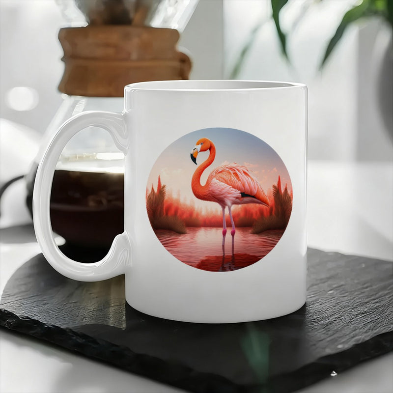 Tailorly White Ceramic 11 oz Mug - flamingo sunset scene