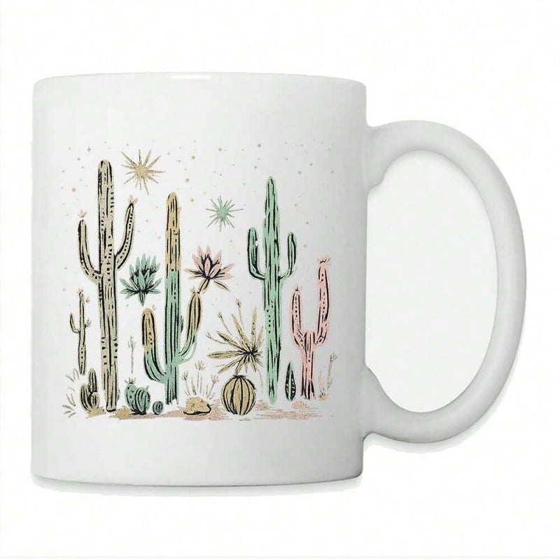 Tailorly White Ceramic 11 oz Mug - desert flowers pastel colors starry