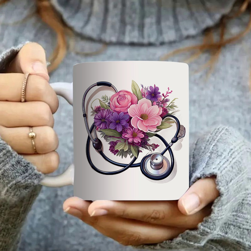 Tailorly White Ceramic 11 oz Mug - stethoscope and flowers