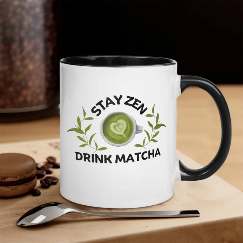 Tailorly Black Accent 11 oz Mug - heart shaped matcha leaf