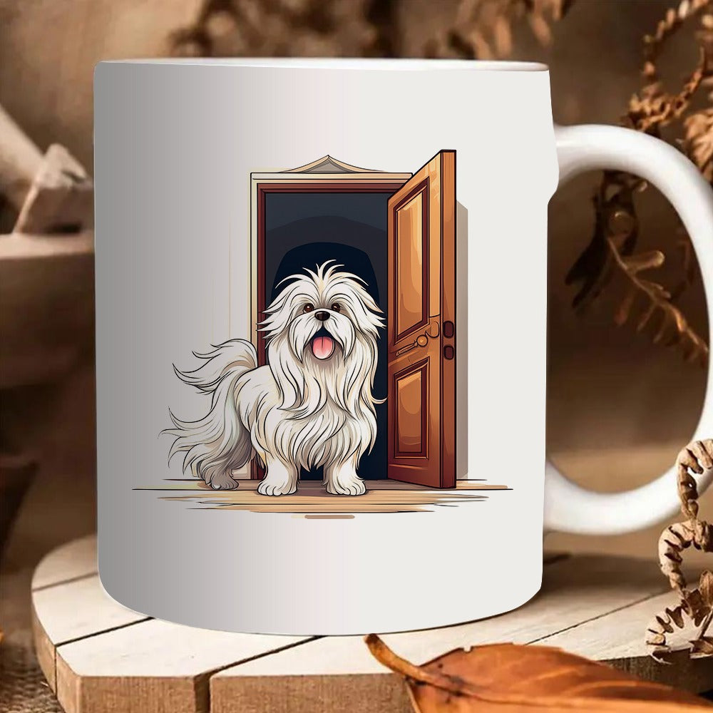 Tailorly White Ceramic 11 oz Mug - cute shih tzu dog standing at doorway
