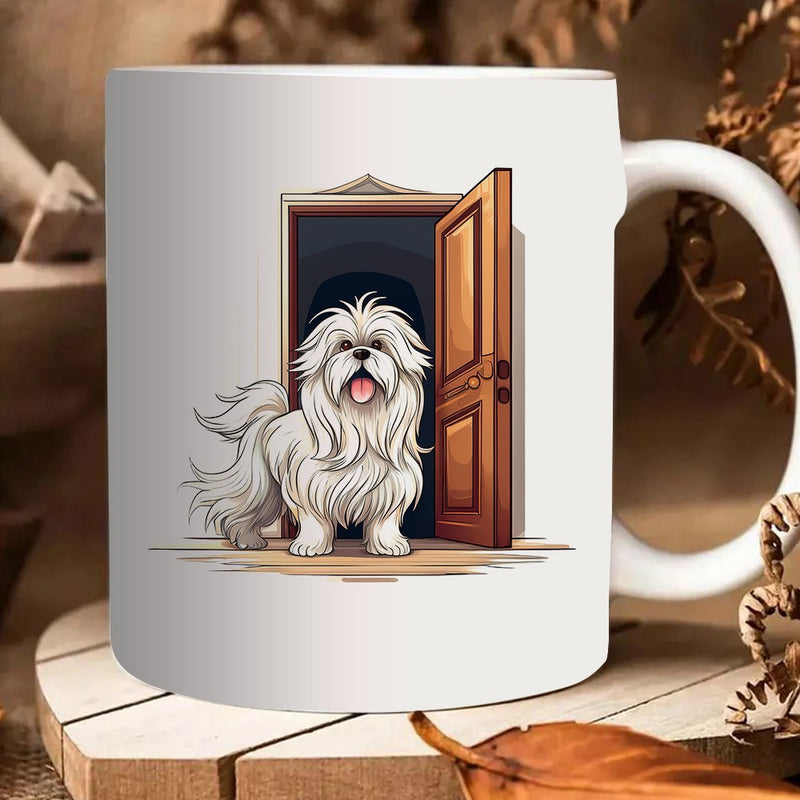 Tailorly White Ceramic 11 oz Mug - cute shih tzu dog standing at doorway
