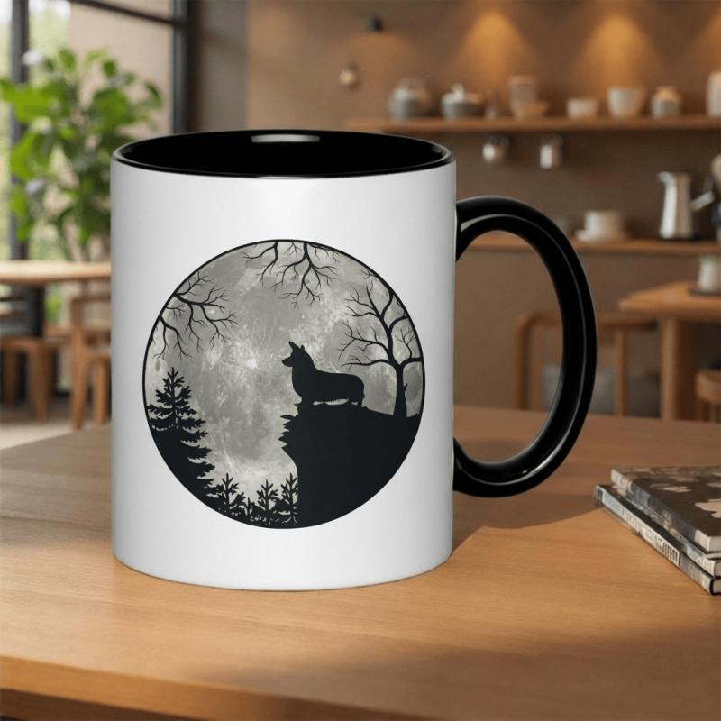 Tailorly Black Accent 11 oz Mug - corgi at the moon with trees