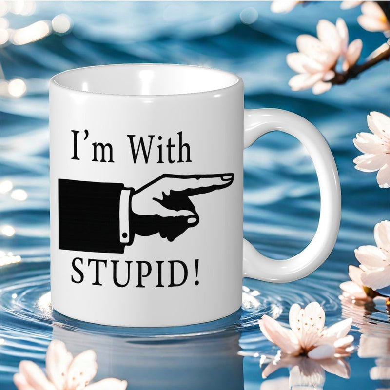 Tailorly White Ceramic 11 oz Mug - i'm with stupid funny gesture print