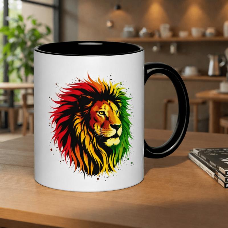 Tailorly Black Accent 11 oz Mug - a stunning lion featuring a rasta mane power and 11oz printed ceramic mug suitable for dishwashers and microwaves