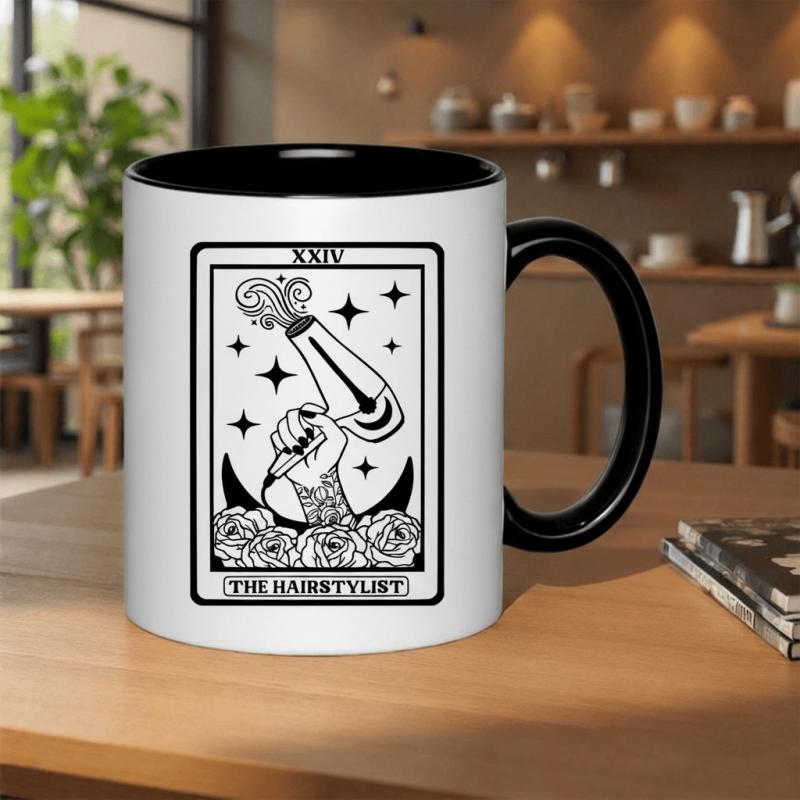 Tailorly Black Accent 11 oz Mug - hairstylist card with roses and stars