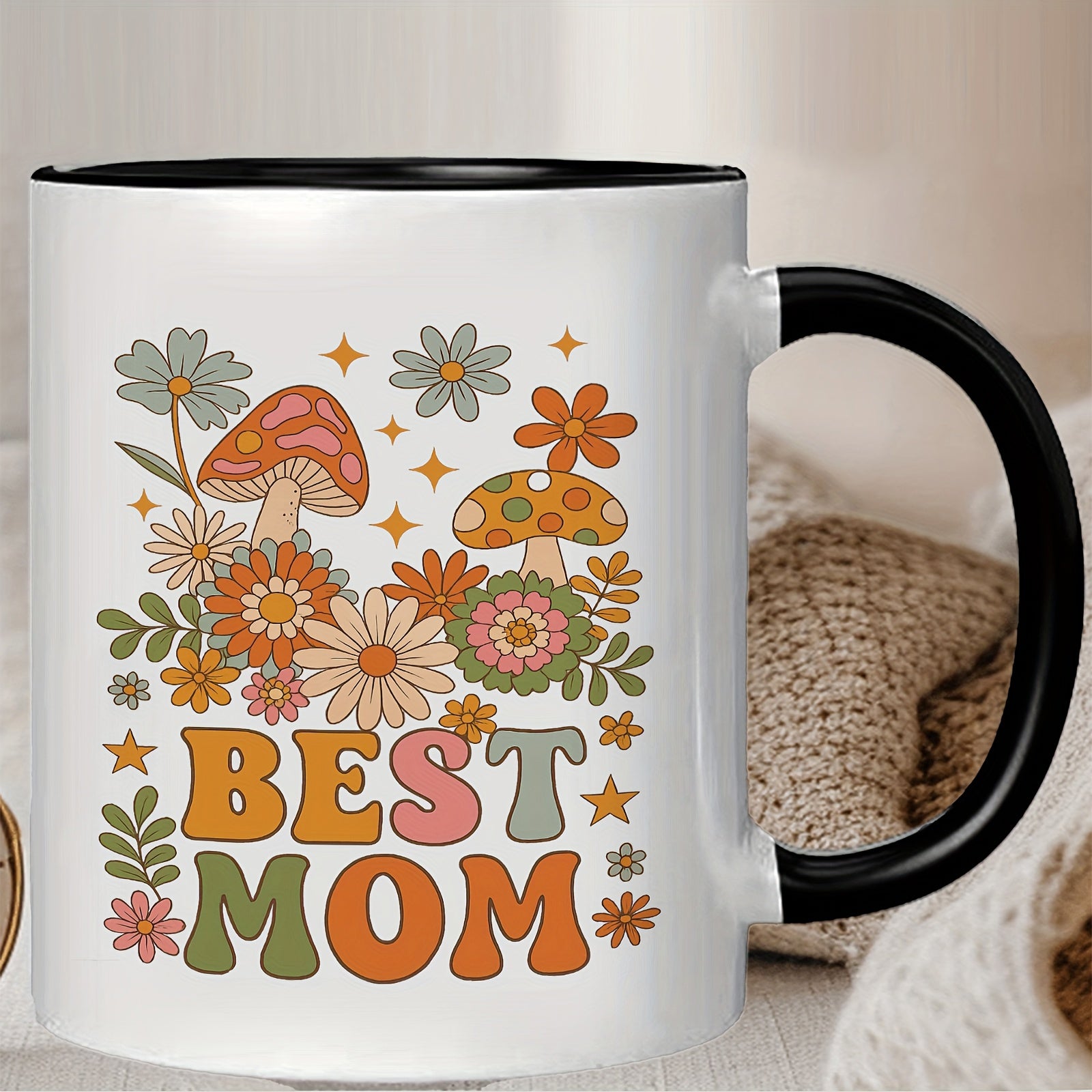 Tailorly Black Accent 11 oz Mug - colorful mushrooms and flowers