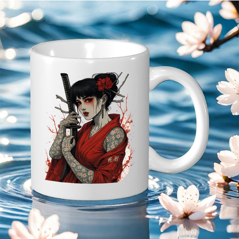 Tailorly White Ceramic 11 oz Mug - japanese geisha art