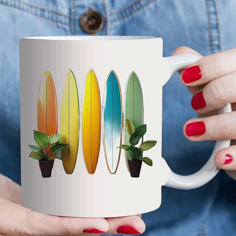 Tailorly White Ceramic 11 oz Mug - a single colorful surfboard patterned mug designed for coffee and tea enthusiasts this unique ceramic cup serves as