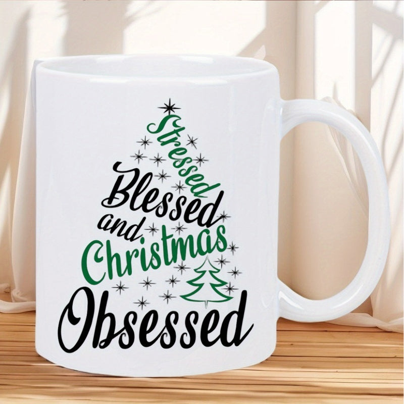 Tailorly White Ceramic 11 oz Mug - morning， green snowflake， stressful， full of