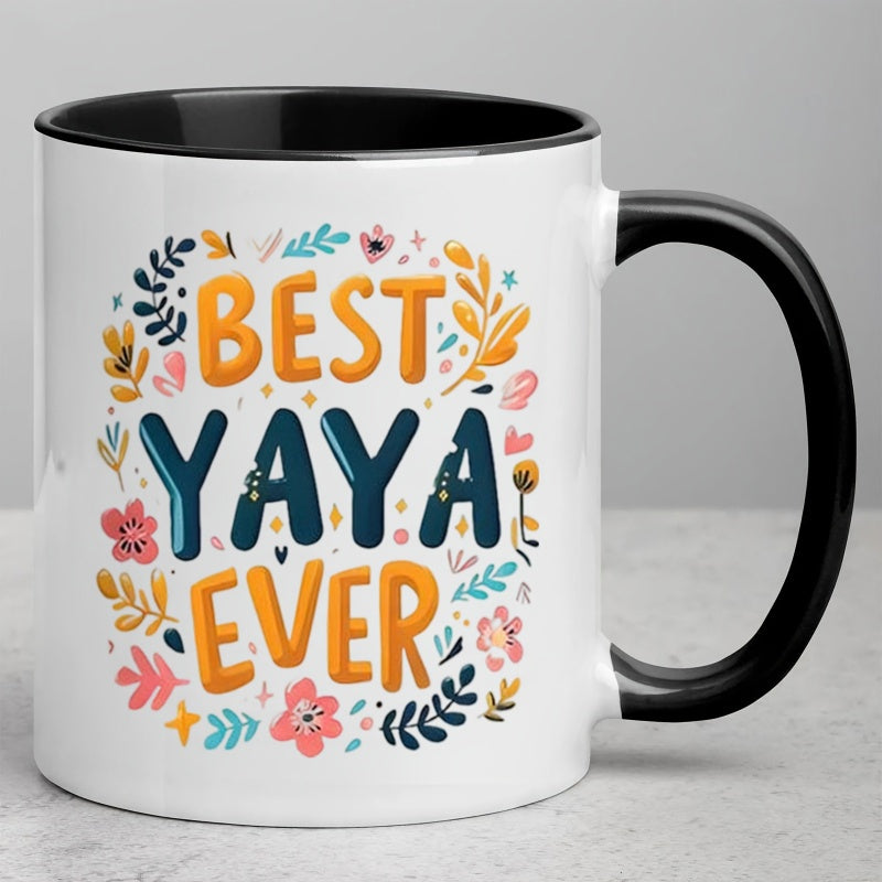 Tailorly Black Accent 11 oz Mug - funny mug of christmas gift with "best for ever" text and floral pattern