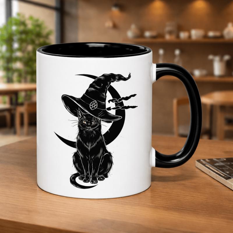 Tailorly Black Accent 11 oz Mug - black cat with witch hat and mystical