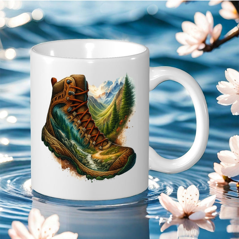 Tailorly White Ceramic 11 oz Mug - boot mountain landscape