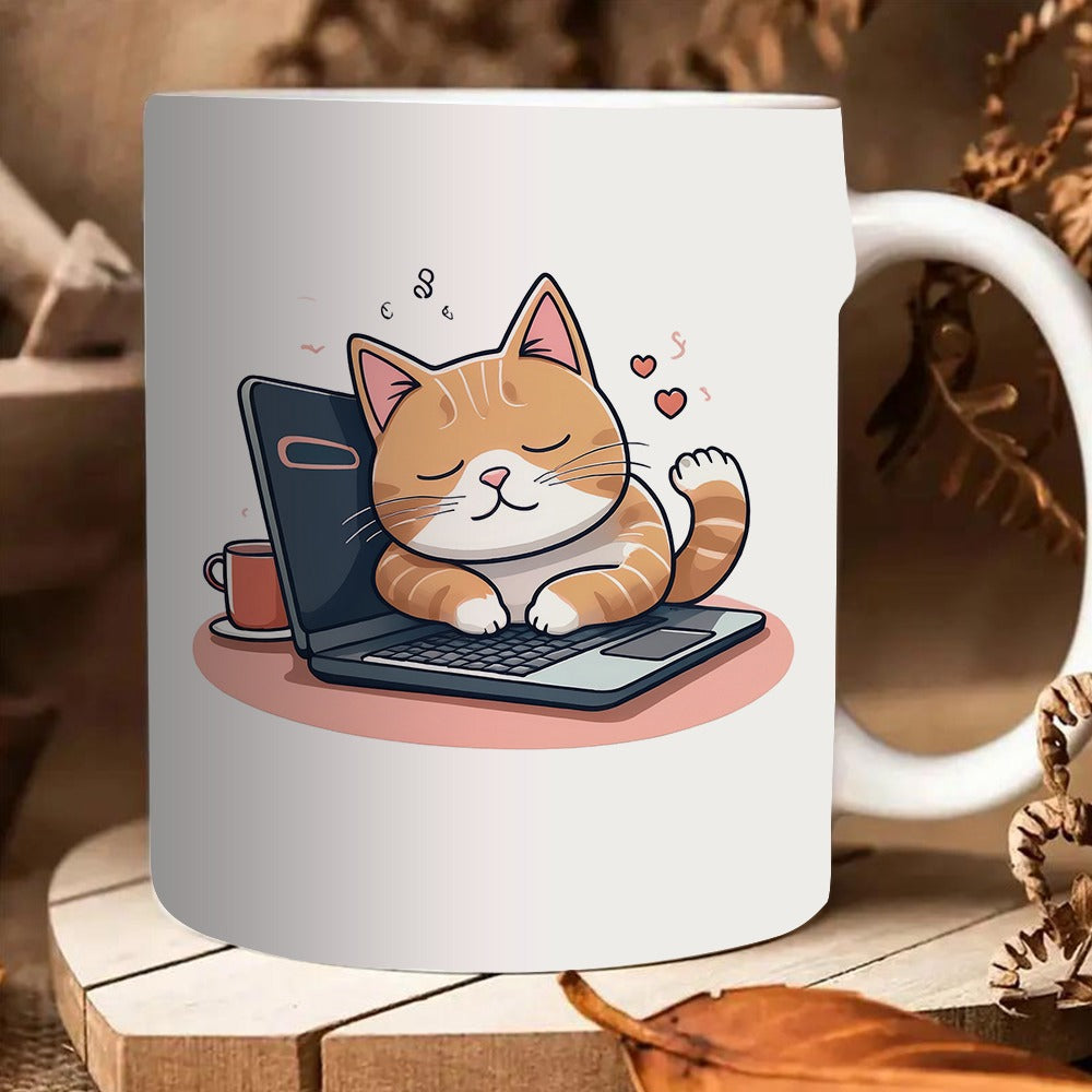 Tailorly White Ceramic 11 oz Mug - cat sleeping on laptop