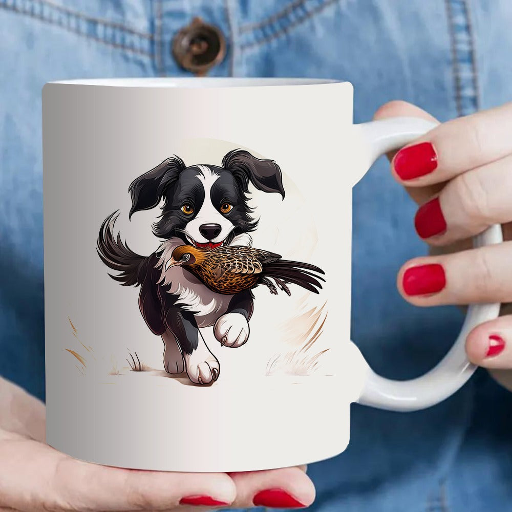 Tailorly White Ceramic 11 oz Mug - cute border collie holding a coffee mug
