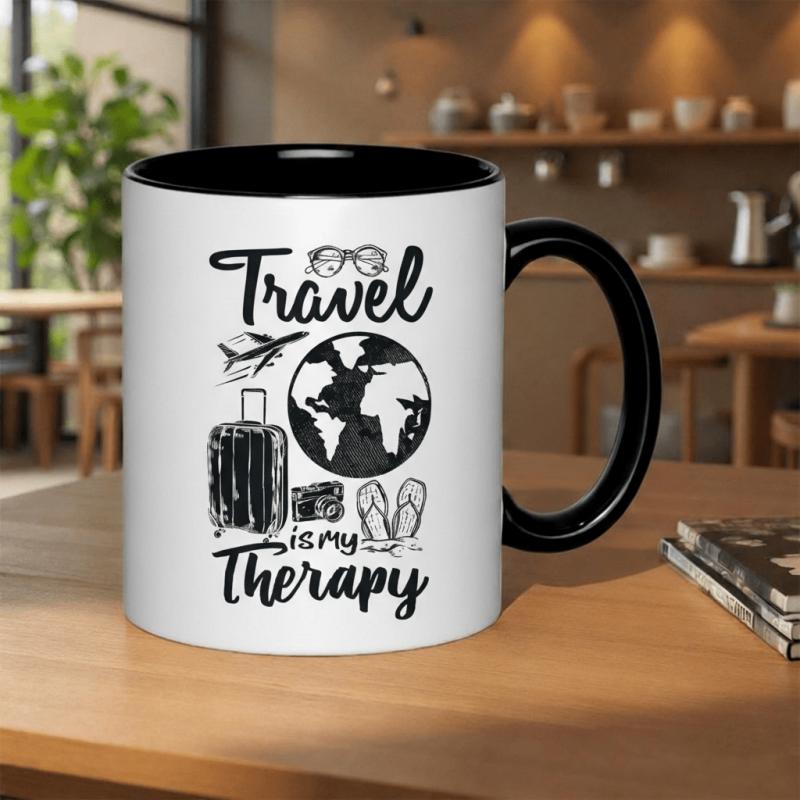 Tailorly Black Accent 11 oz Mug - exploration is my excitement with a suitcase camera and sandals