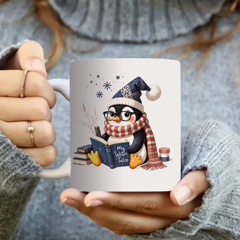 Tailorly White Ceramic 11 oz Mug - cute penguin reading
