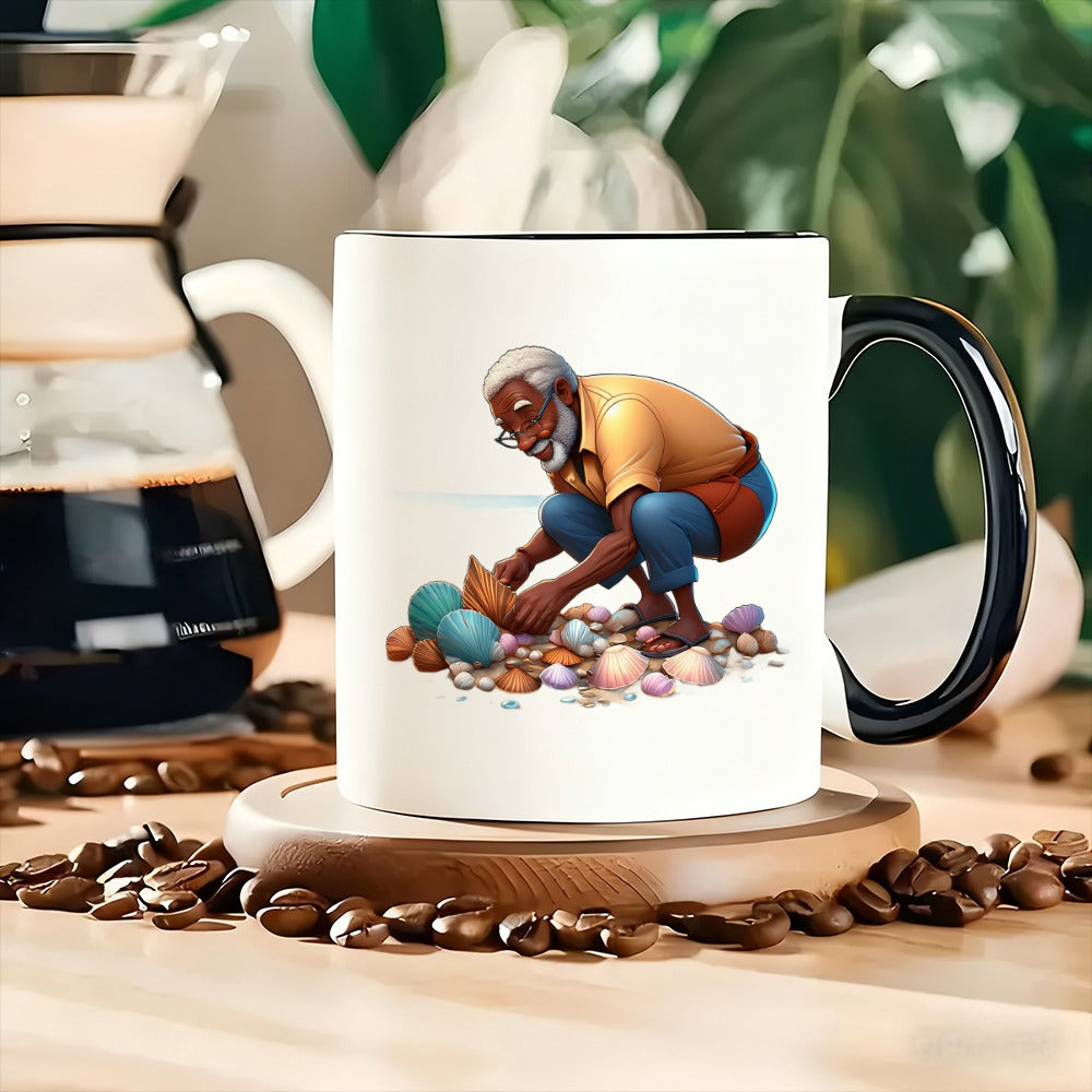Tailorly Black Accent 11 oz Mug - an elderly man gathering seashells