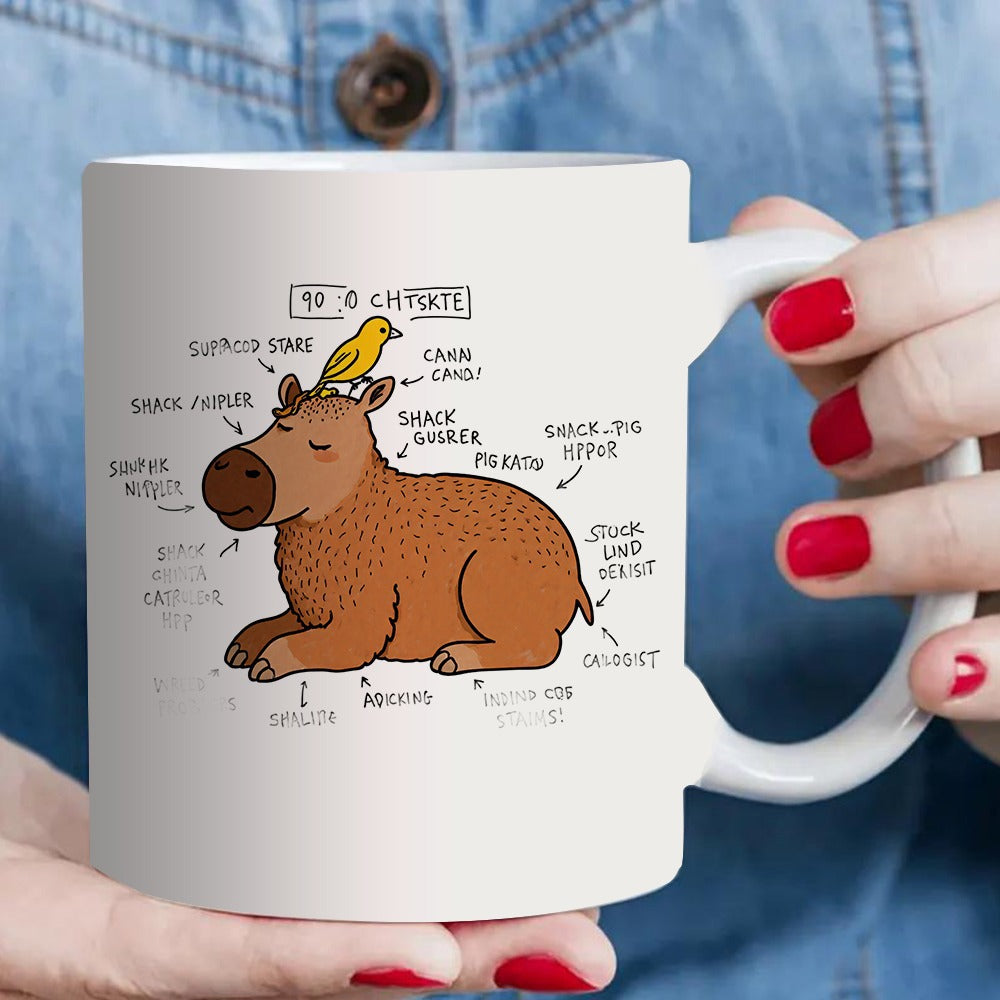 Tailorly White Ceramic 11 oz Mug - a relaxed animal with a bird on its head