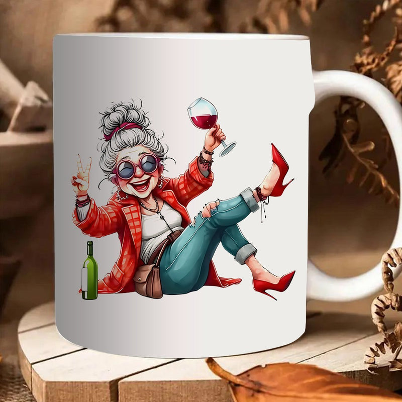 Tailorly White Ceramic 11 oz Mug - a humorous design with red wine and a peace sign