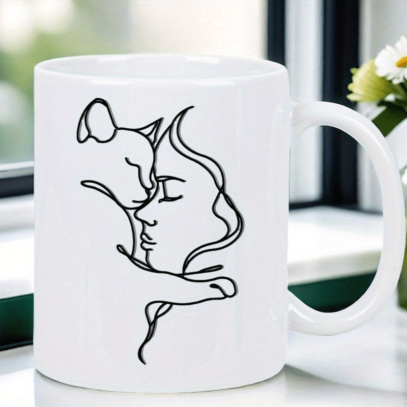 Tailorly White Ceramic 11 oz Mug - cat and a woman silhouette