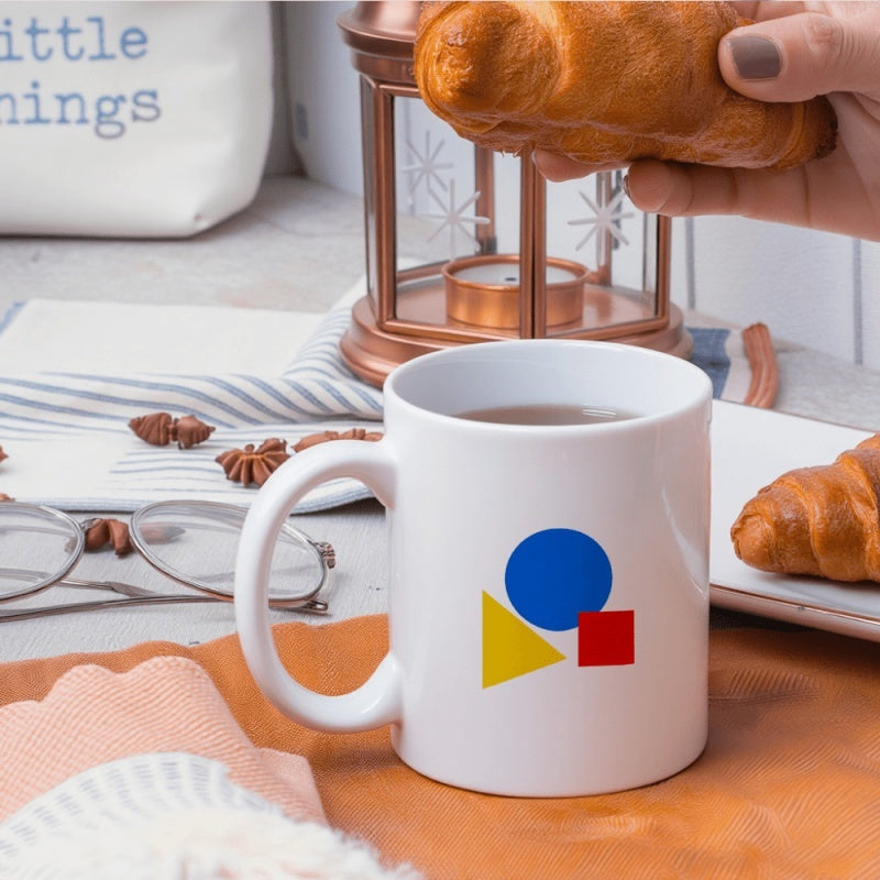 Tailorly White Ceramic 11 oz Mug - multicolor geometric shapes blue red yellow