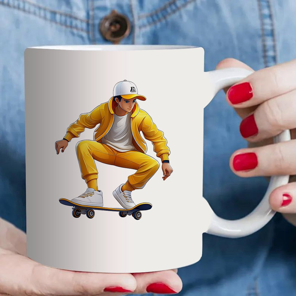 Tailorly White Ceramic 11 oz Mug - skateboarding design