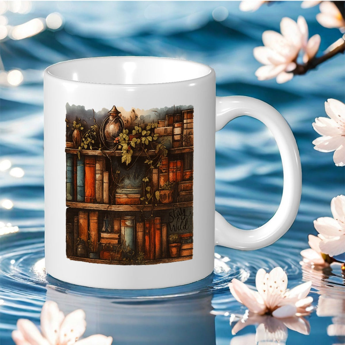 Tailorly White Ceramic 11 oz Mug - library shelf design