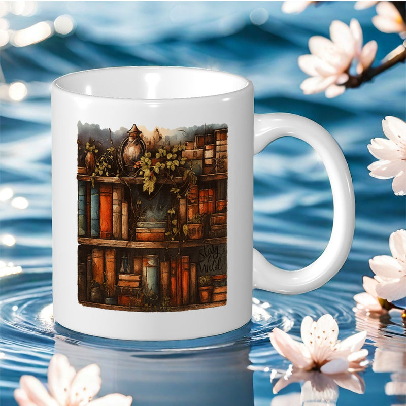Tailorly White Ceramic 11 oz Mug - library shelf design