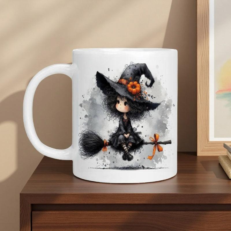 Tailorly White Ceramic 11 oz Mug - cute witch with hat broomstick