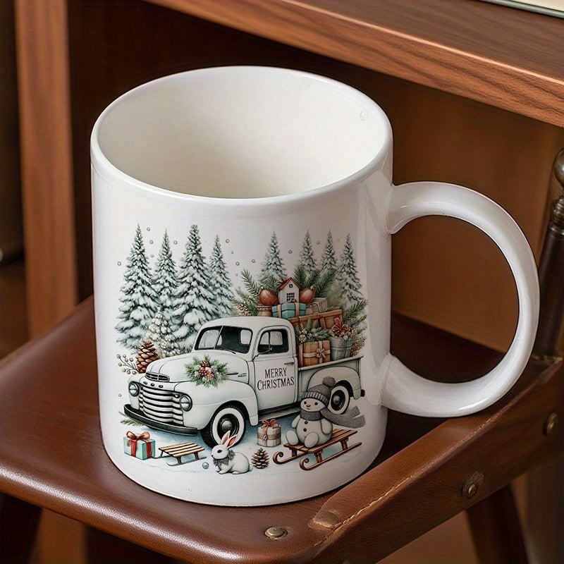 Tailorly White Ceramic 11 oz Mug - vintage christmas truck snowman santa reindeer snowman gingerbread