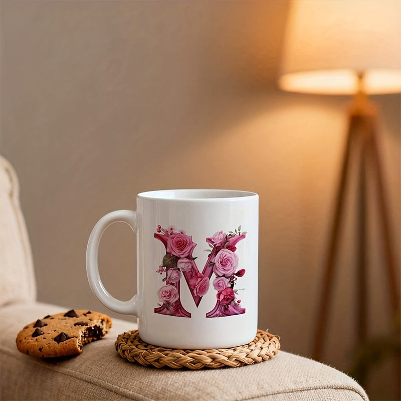 Tailorly White Ceramic 11 oz Mug - monogram with letter Z， pink and burgundy roses
